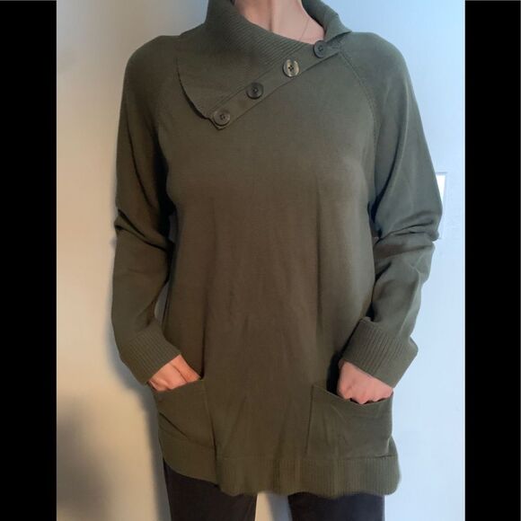 Ellen Tracy olive asymmetrical collar sweater, long-sleeved, front pockets, L - Picture 1 of 15